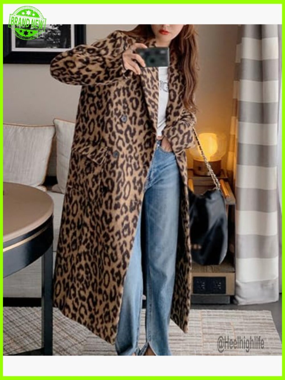 Leopard Print Long Trench Coat Notched Lapel Double Breasted Pea Coat Wool - Picture 4 of 6